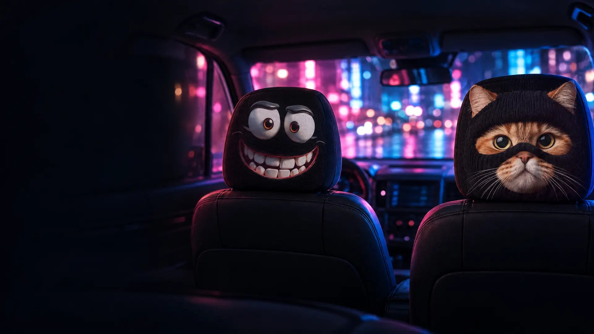 Two prank headrest covers, a grinning cartoon face and a ninja cat, in a car at night